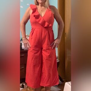 Coral Linen Jumpsuit with Ruffle Medium